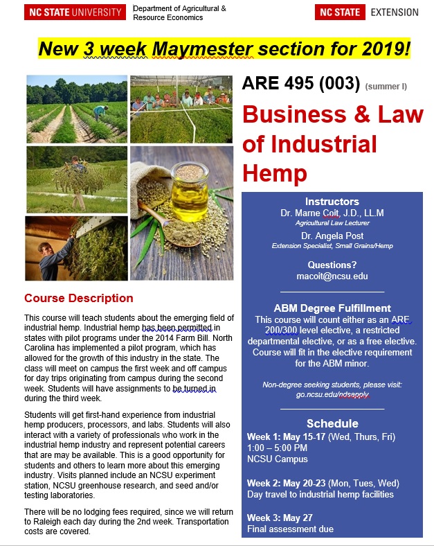 Flyer describing Business & Law of Industrial Hemp course